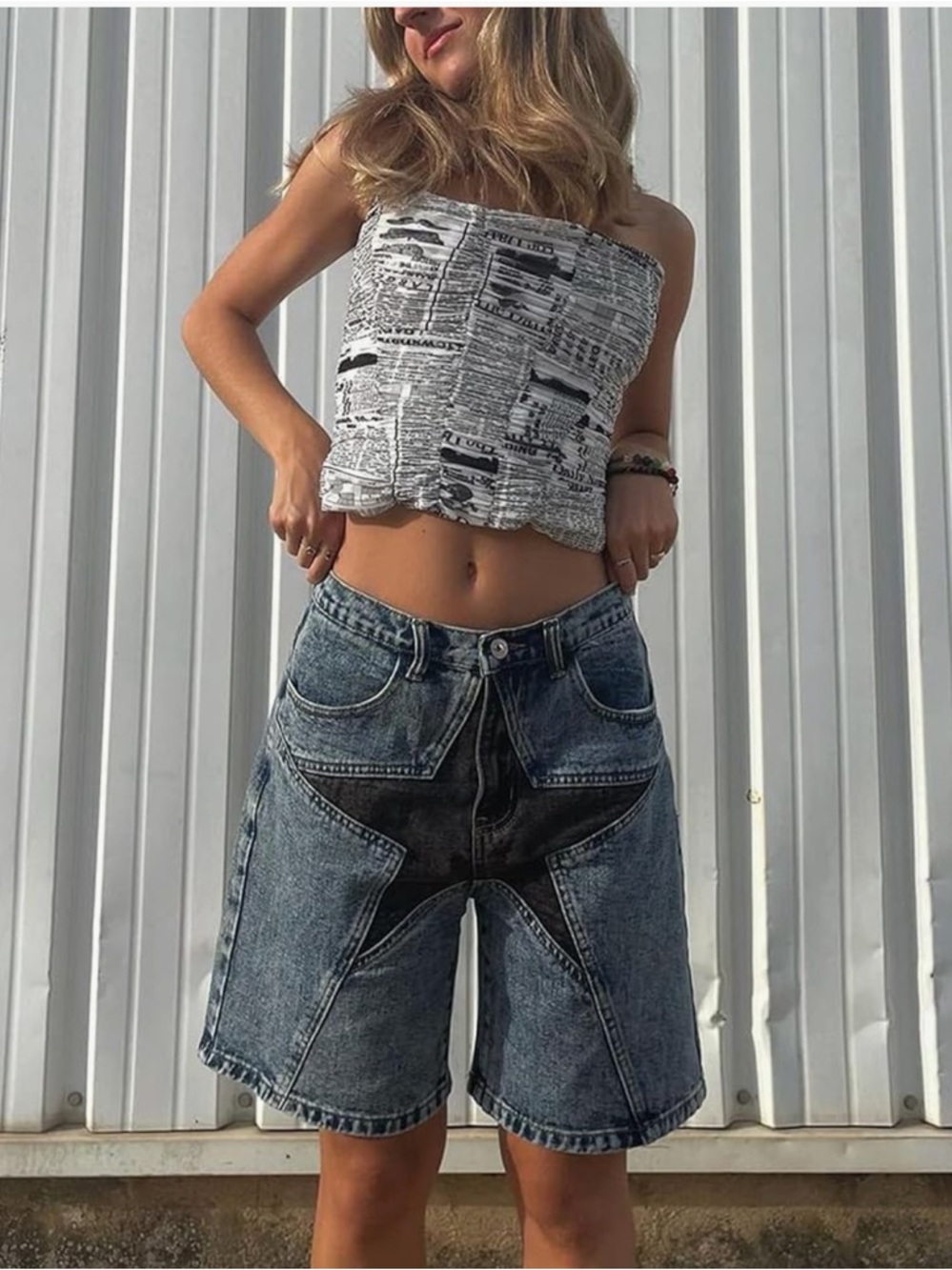 Aelfric Eden Blue Star-Panel Denim Shorts. Size 30